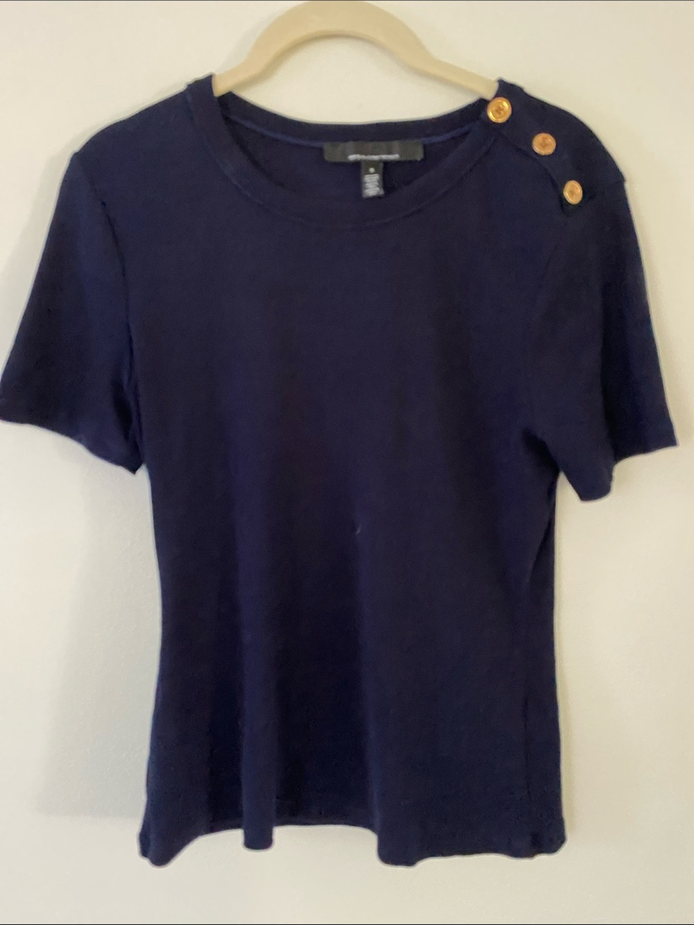White House Black Market Navy Short Sleeve Tee with Gold Accent Buttons
